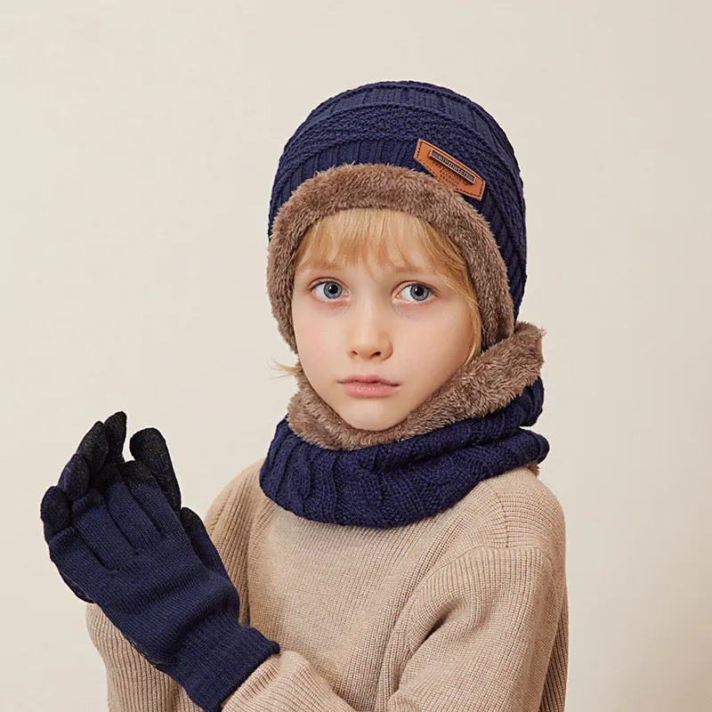 1 مجموعة الشتاء الأطفال طفل قفازات متماسكة قبعة وشاح 3 قطعة دعوى في الهواء الطلق يندبروف المخملية الدافئة الاطفال الفتيان حلقة الخمار القبعات والقبعات #2