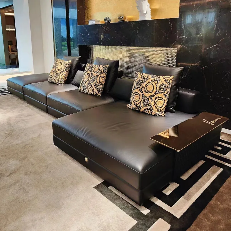 

Italian light luxury large flat floor straight corner large apartment designer living room black combination module net red