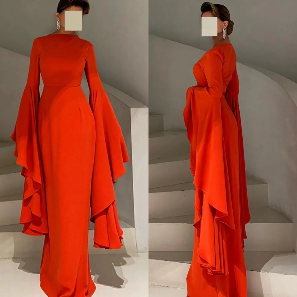 

Customized Graceful Jersey Evening Dress Temperament Crew Neck Flare Sleeves Long Sleeves Zipper Back Mermaid Cocktail Dress