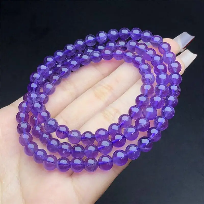 6MM Natural Amthyst Triple Circle Bracelet For Men Women Energy Crystal Aura Healing Yoga Elastic Couple Jewelry 1PCS