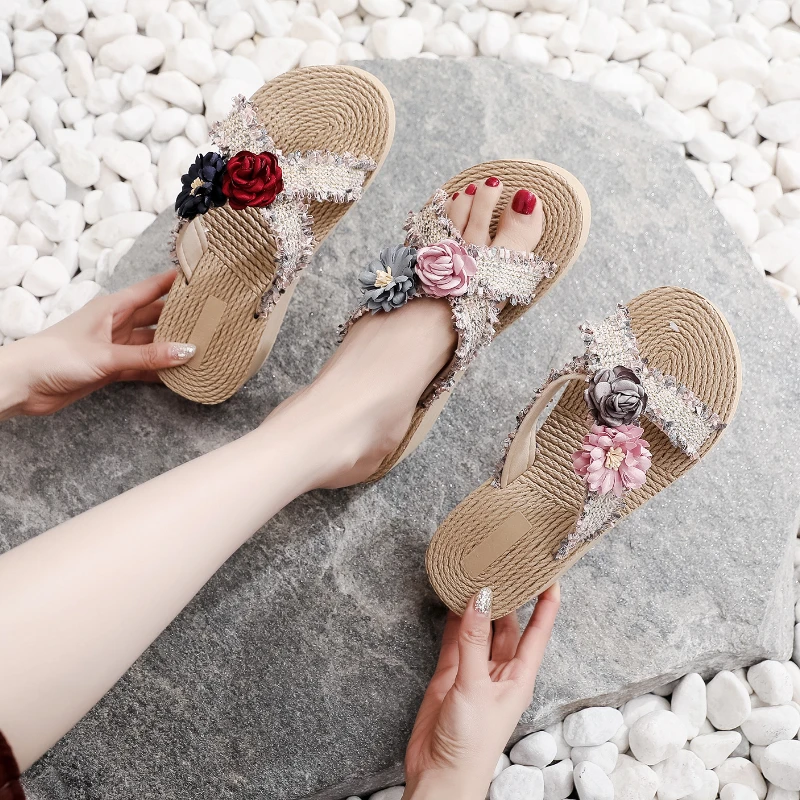 Flower Flip Flops Slippers Women Clip Toe Summer Non-Slip Beach Fashion Wedges Ladies Shoes 2023 Hot Sale Comfy Outdoor Slippers