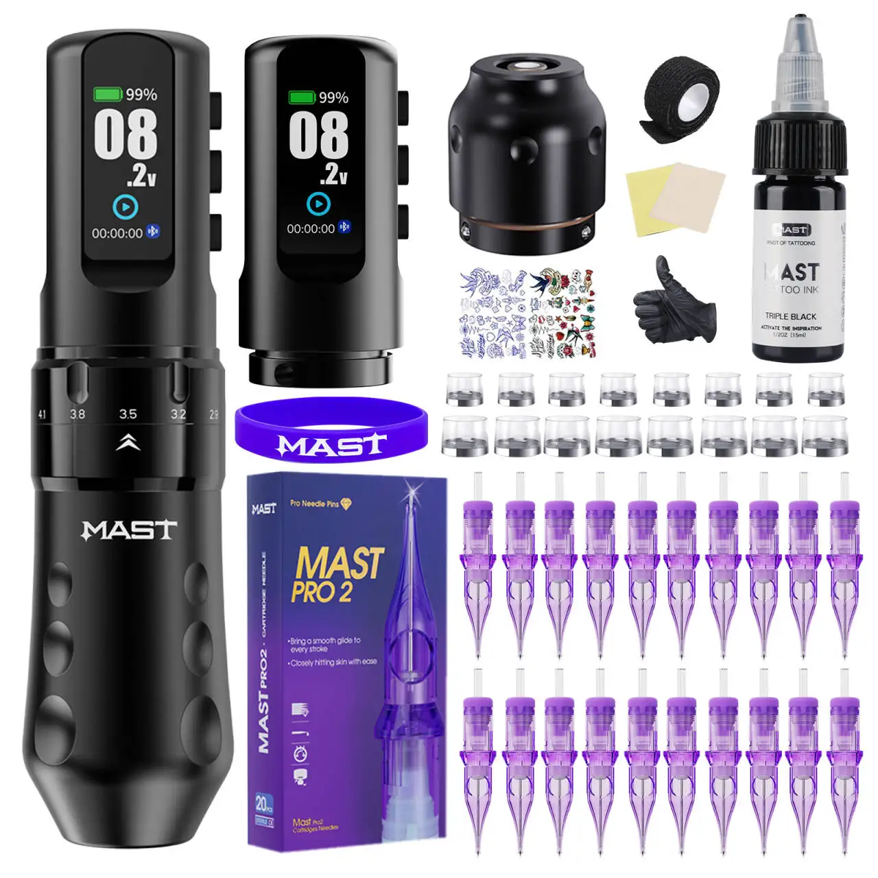 Mast Flip 4 Pro Kit di Tatuaggio Completo Wireless 7 Corsa (2,5-4,5 mm) 2 Batterie 2000 mAh per Disegno Sfumatura e Colorazione Materiale per Tatuaggi