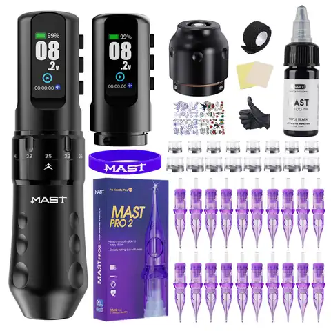 Mast Flip 4 Pro Tattoo Kit Full Set Wireless 7strokes(2.5-4.5mm) 2 Batteries 2000mAh for Lining Shading Coloring Tattoo Supplies
