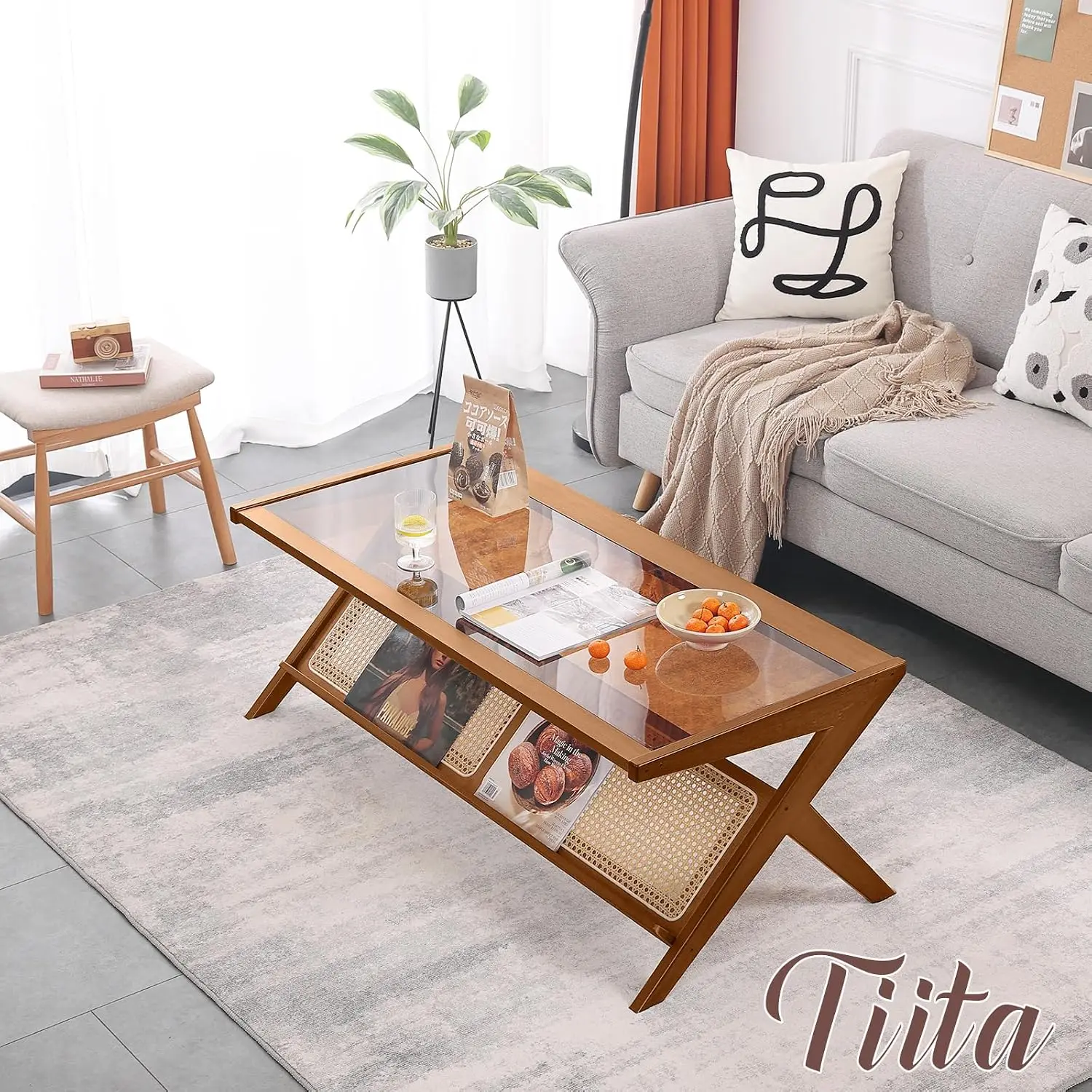 Rattan Coffee Table Bamboo Accent Bedside Table Glass Nightstand Side Table Boho Wooden End Table With Storage Shelf Countertop For Living Room Home Decor