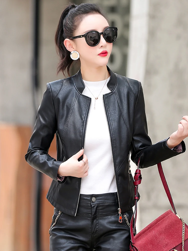 세련된 슬림핏 양가죽 가죽 자켓 여성용 한국 버전 봄 가을 신상 지퍼 디자인 콤모던 스타일