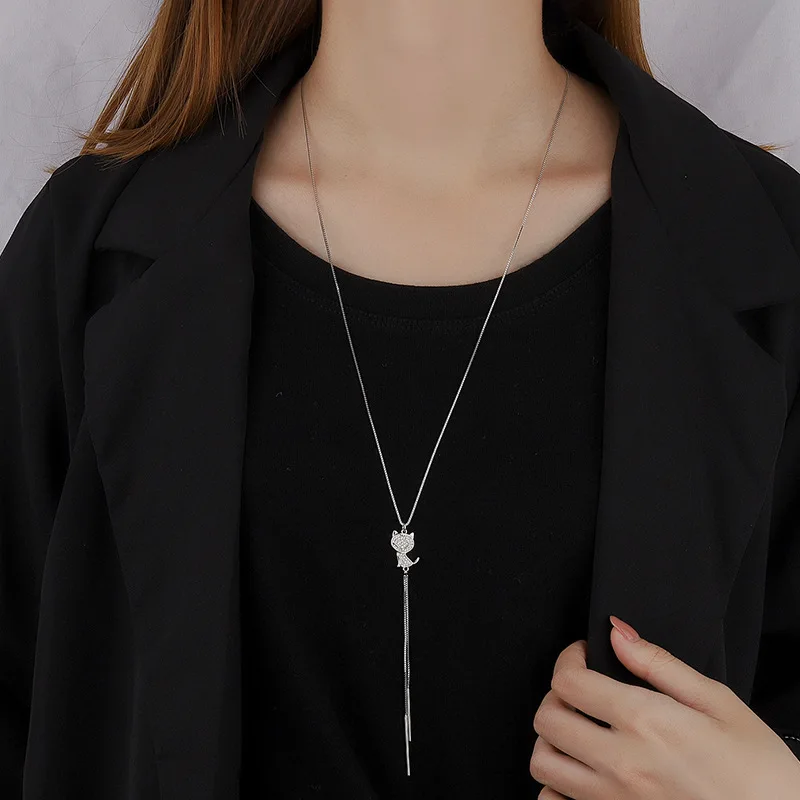 s925Sterling Silver Cat Pendant Necklace Korean Style Fairy Style Tassel Kitten Sweater ChaininsWomen's Cold Necklace