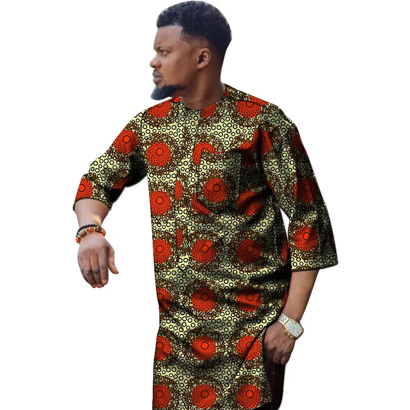 Nigerian Fashion Men's Shirt 3/4 Sleeve Ankara Tops Tailor Design Made Male African Wedding Party Wear