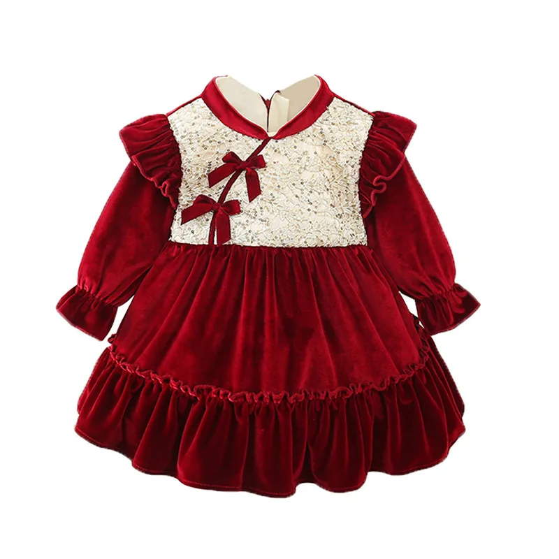 Girl\'s Princess Sequin Dress Winter Children Baby Infants Kids Velvet Thickened Bow Red Birthday Christmas New Year