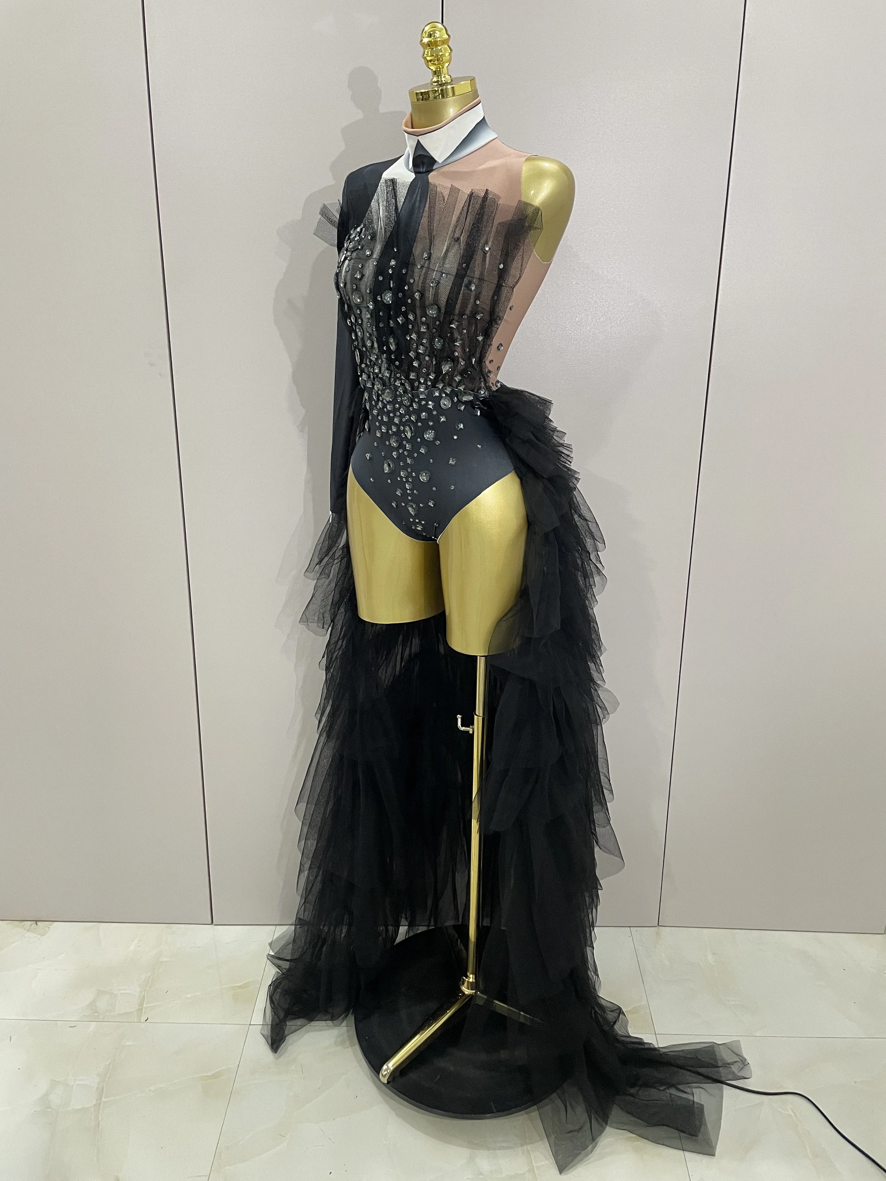 2025 New Black Color Perspective Cloak Bodysuit Women Singer Sexy Stage Dance Costume Cosplay Model Jumpsuit Clothes Show Outfit