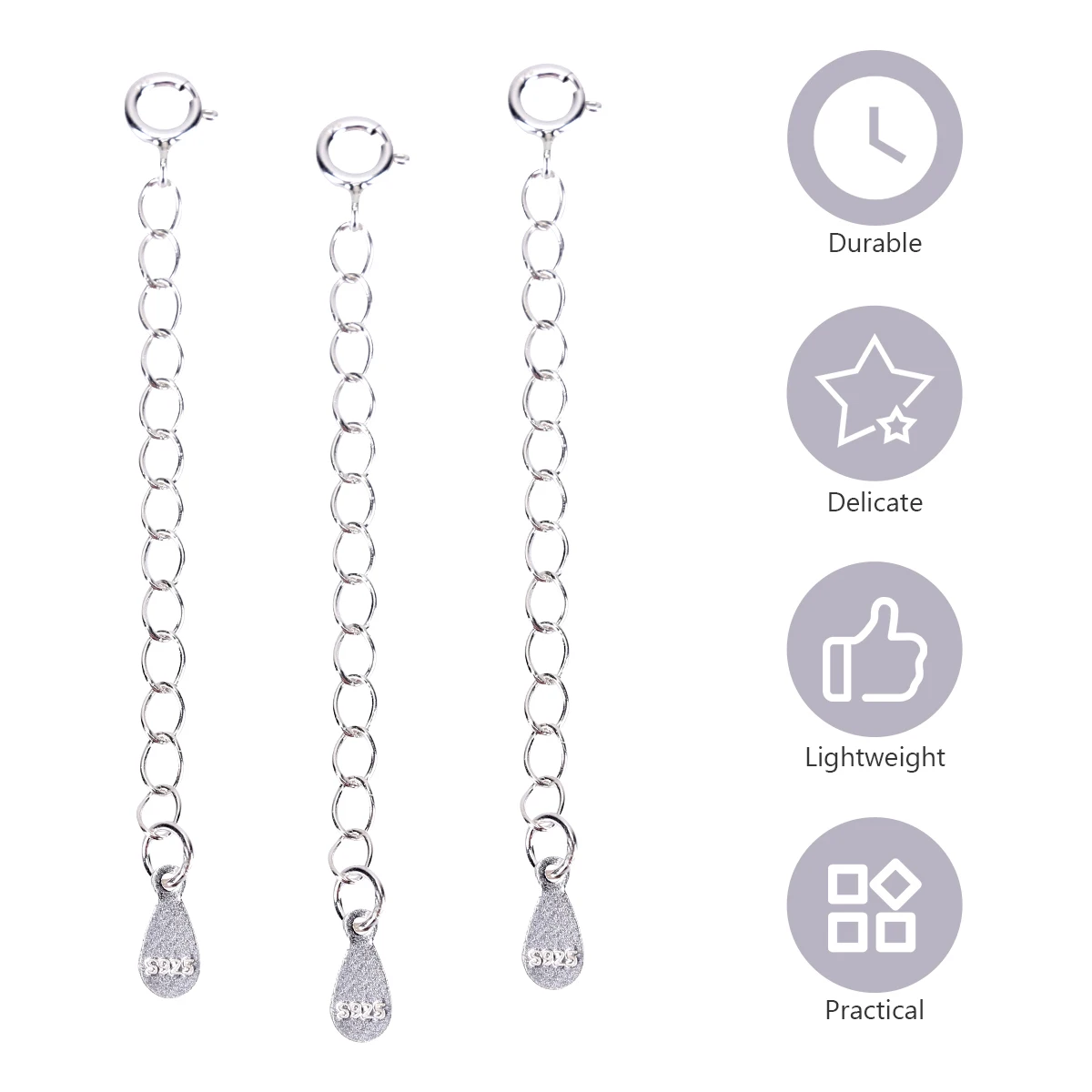 

3pcs Adjustable Sterling Extender Chain For Bracelet Necklace Jewelry Diy Silver Lightweight Pendant Chain Accessory