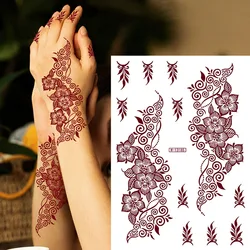 Temporary Fake Tattoo Red Lace Henna Tattoo Stickers For Women Flower Waterproof Brown Finger Hand Tattoo India Mehndi Design