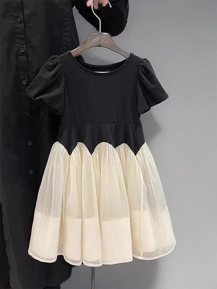 Kids Girls Mesh Dress 2025 New Arrival Chidren Princess French Style Lace Stitching Dresses Summer Short Sleeve Black Dress