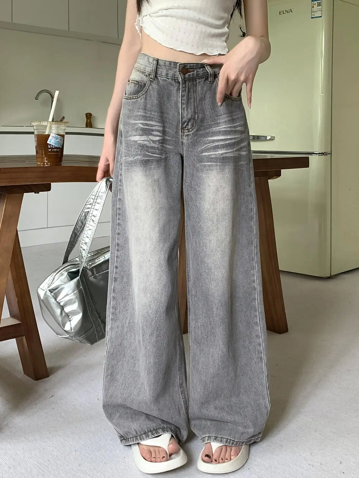 FIGOHR High Street Women's Jeans Y2K Hip Hop Gray Pants Washed Ground White Loose Jeans Wide Long Pants