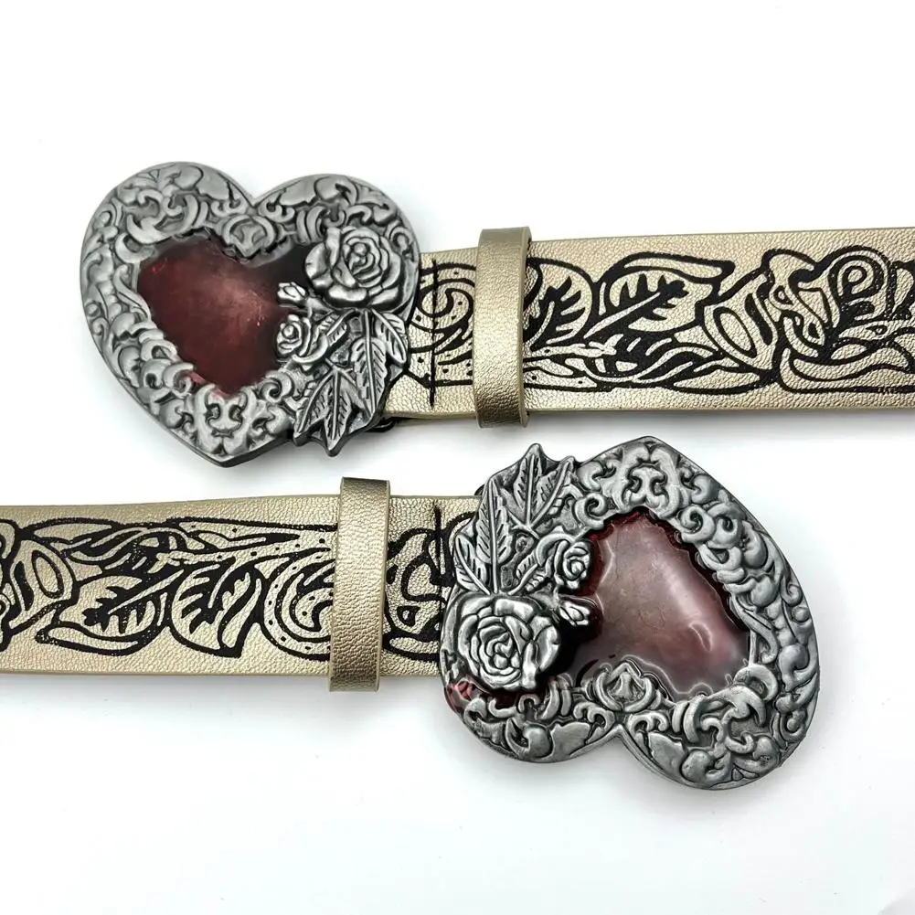 고딕 펑크 PU 가죽 클래식 Y2k 벨트 여성용 메탈 하트 플라워 버클 허리 스트랩 청바지 장식용 허리띠 액세서리