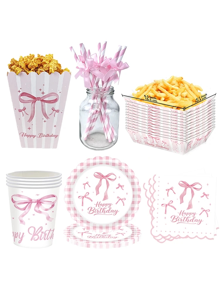 Schleife Rosa Einweg-Strohhalme Tassen Pappteller Tablett Serviette Popcorn Boxen Mädchen Geburtstag Schleife Thema Party Dekorationen Partyzubehör – Detail 1