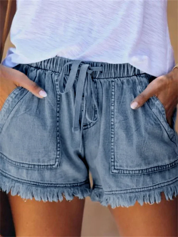 Women’s Denim Shorts Drawstring Elastic Waist Frayed Hem Short Pants Summer Casual Loose Jeans with Pockets