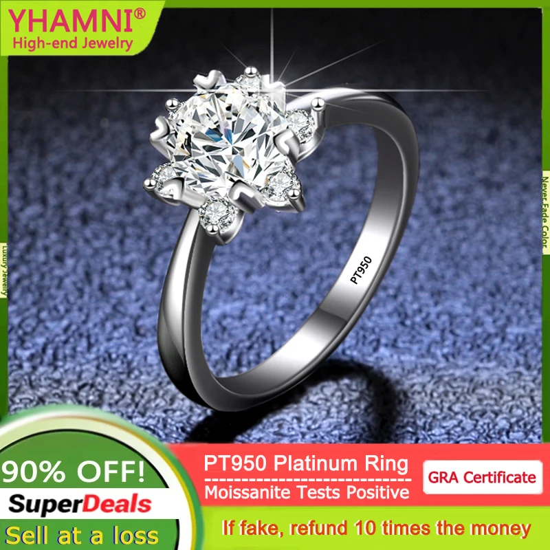 YHAMNI Fine Jewelry 100% PT950 Platinum Rings Top Snowflake 1 Carat Moissanite Diamond Rings Wedding Band Gift for Women