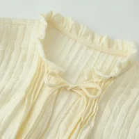 2026 New Summer Women Lightweight Blouses Retro British Style Puff Sleeve Tie Neck Slim Ruffle Casual Daily Wear Shirts 6