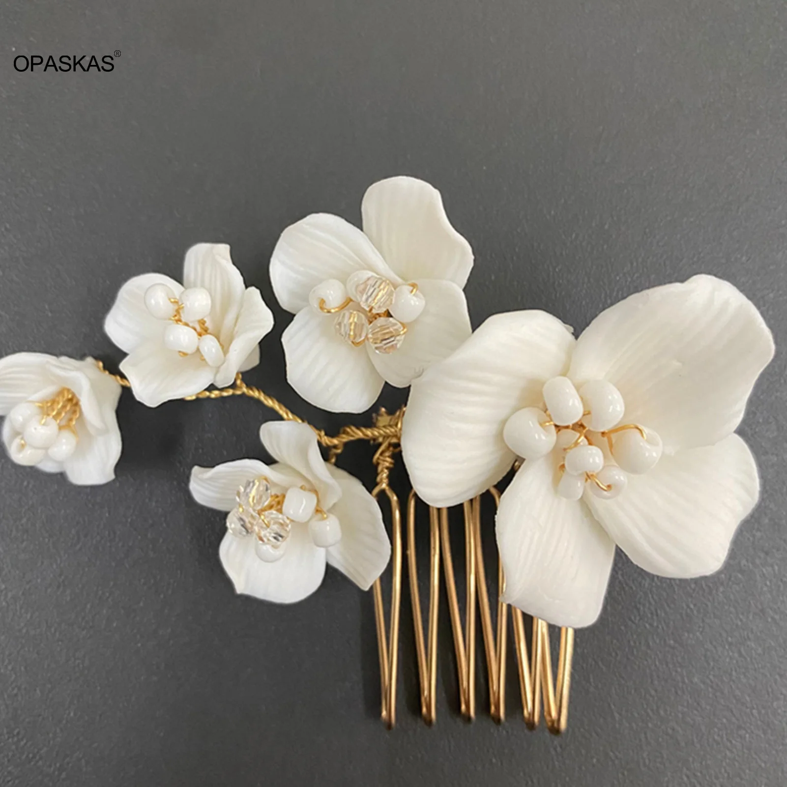 Peine de pelo de flores de cerámica para mujer, cuentas elegantes, Tocados de diamantes de imitación para novia, pinzas para el cabello, tocado de boda para invitados de Coronita