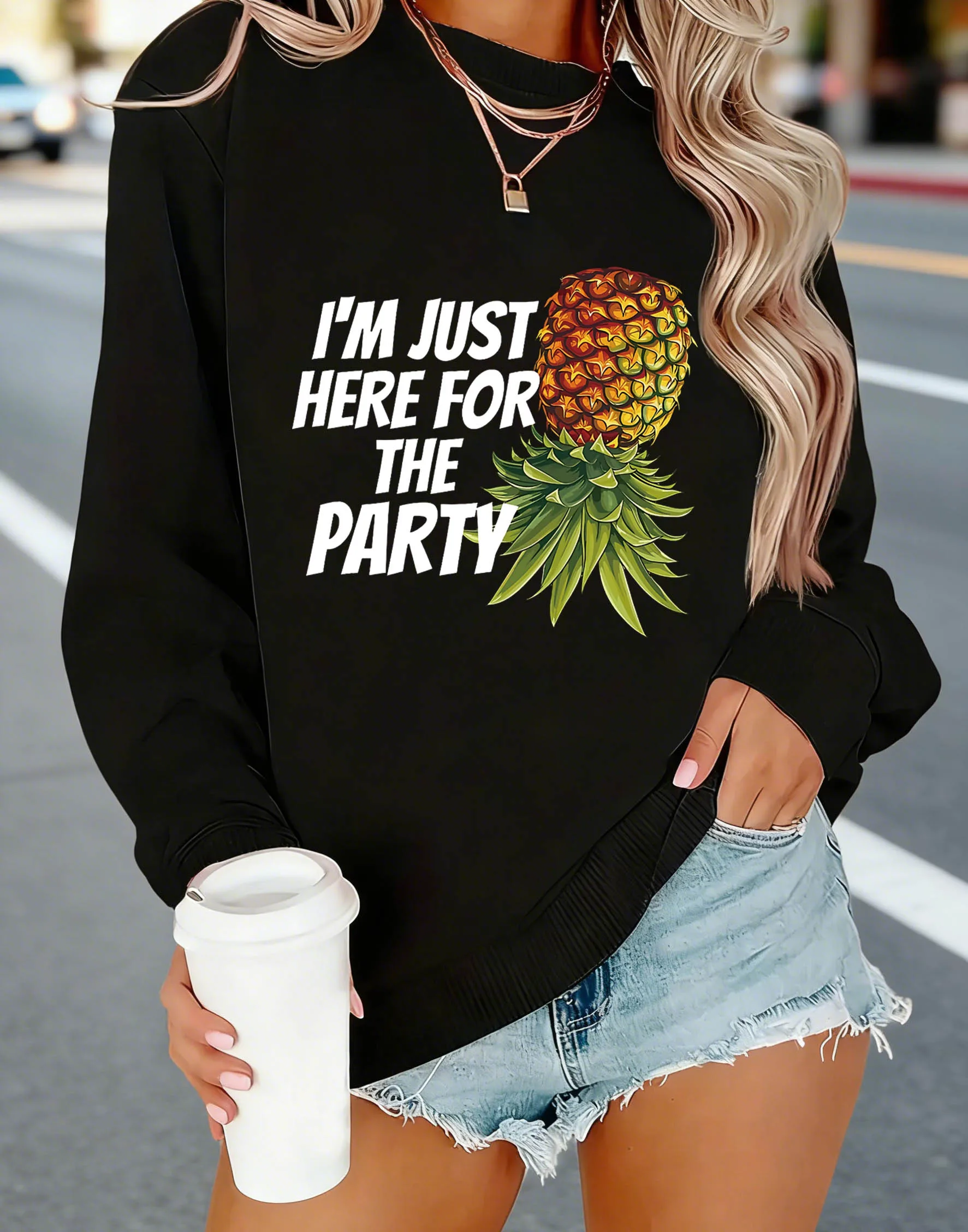 Damska bluza z nadrukiem napisu I'M JUST HERE FOR THE PARTY, okrągły dekolt, codzienna, na jesień i wiosnę, odzież damska