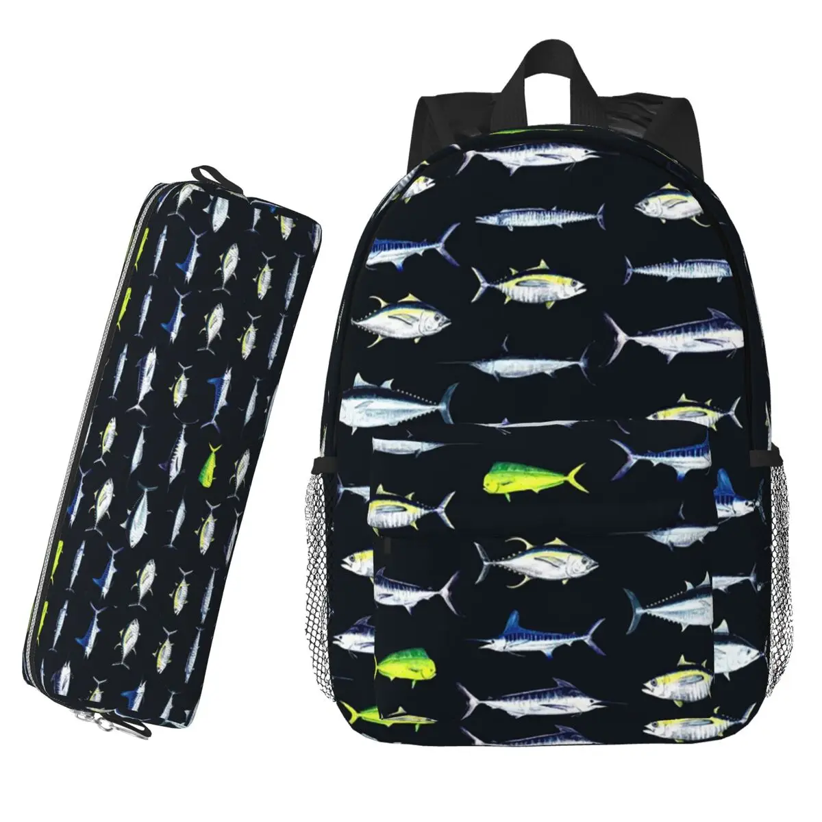 

SPORTFISH Pattern Dark Navy Blue BlackYellowfin Tuna Backpack Boys Girls BookBag Shoulder Bags Kids School Bag Pencil Case