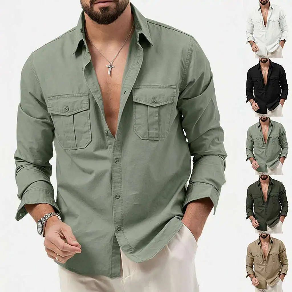 

Casual Long Sleeve Men's Shirt with Multiple Pockets Four Seasons Universal Stand Collar Independent Station Apparel