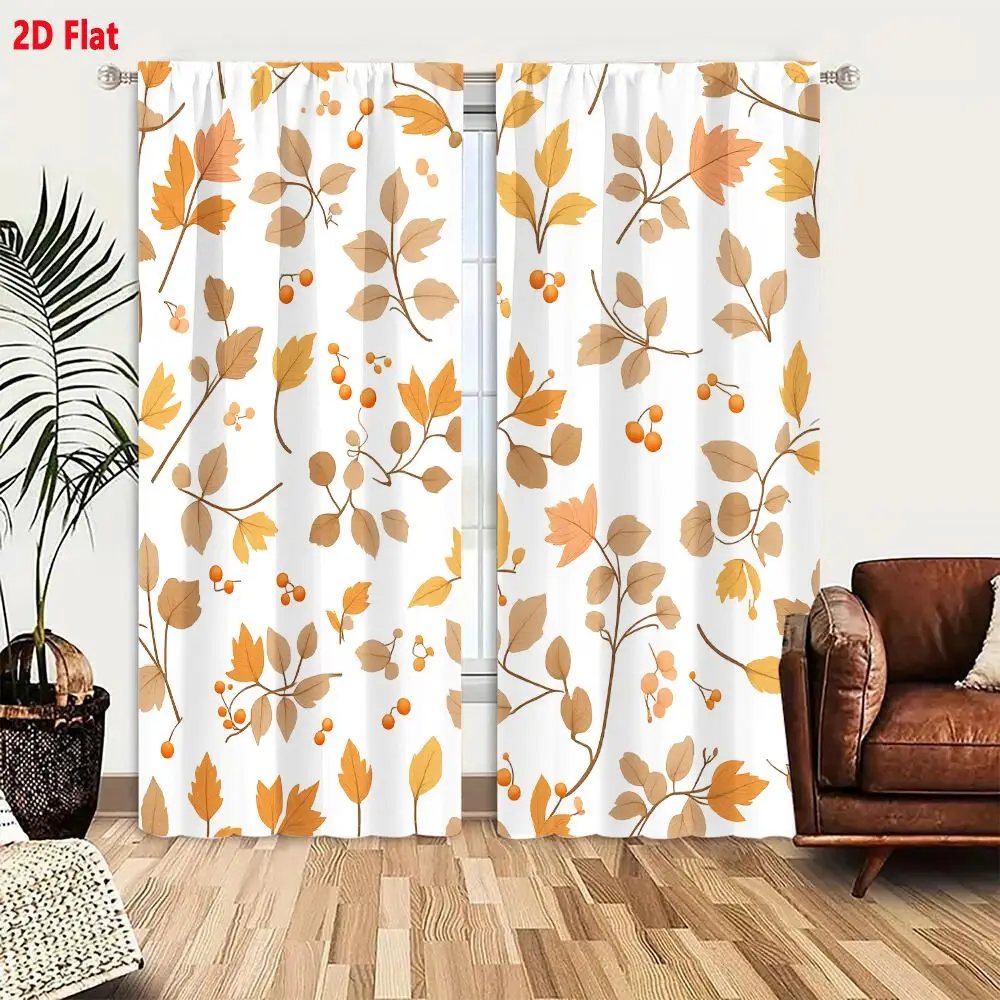 2Pcs Curtains 2D Flat Seamless Pattern With Autumn Leaves And Berries On White Background Window Drapes for Bedroom Room Decor D
