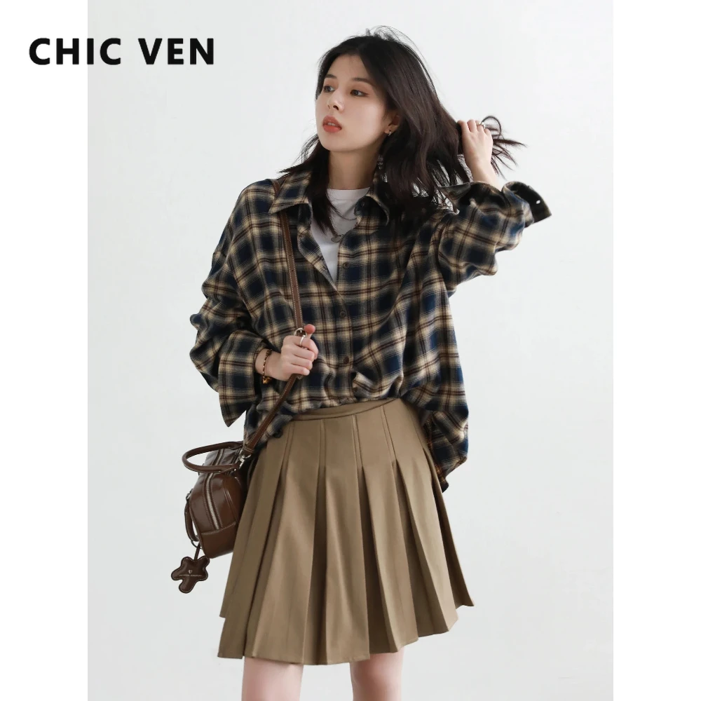 

CHIC VEN Fashion Women Shirts Retro Loose Casual Long Sleeve Plaid Shirt Girl Blouses Spring Autumn 2026 Clothing
