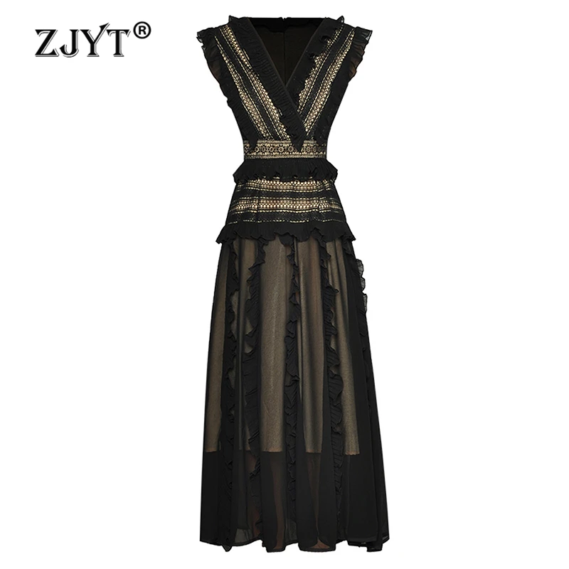 

ZJYT 2024 Spring Summer Hollow Patchwork Lace Dresses for Women Elegant Sleeveless Ruffles Midi Black Party Dress Holiday Robe