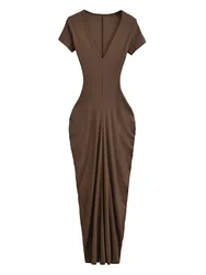 Spicy Girl Sexy Short Sleeved Dress 2024 Summer New High Waist Wrapped Hip Tight Large V-neck Long Dress 90AU