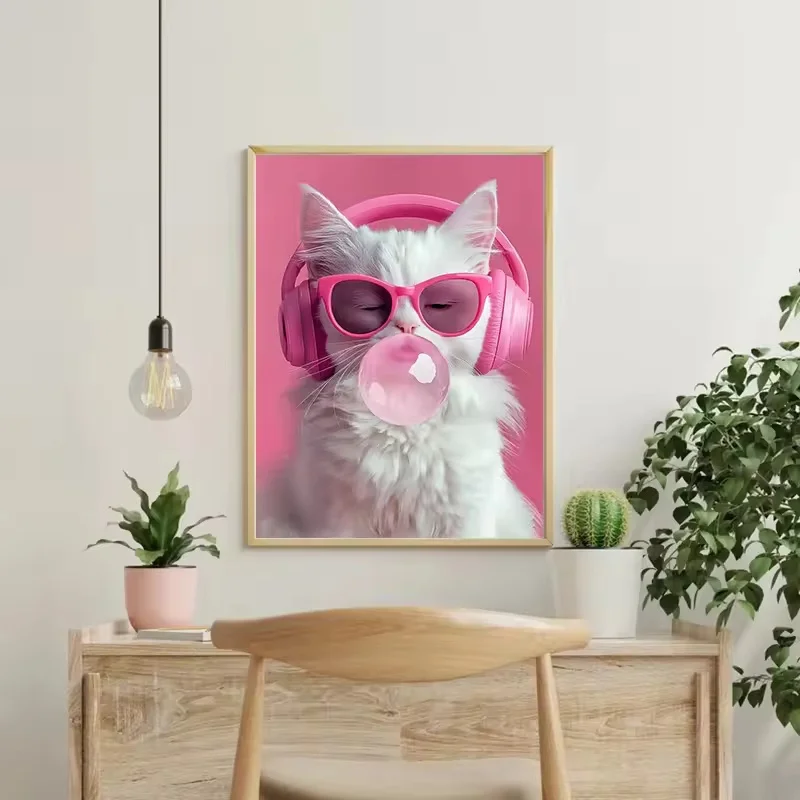 Funny Animal Cat Poster and Printing Modern Pink Cat Listening To Music Canvas Paintings Office Bedroom Bathroom Home Decor