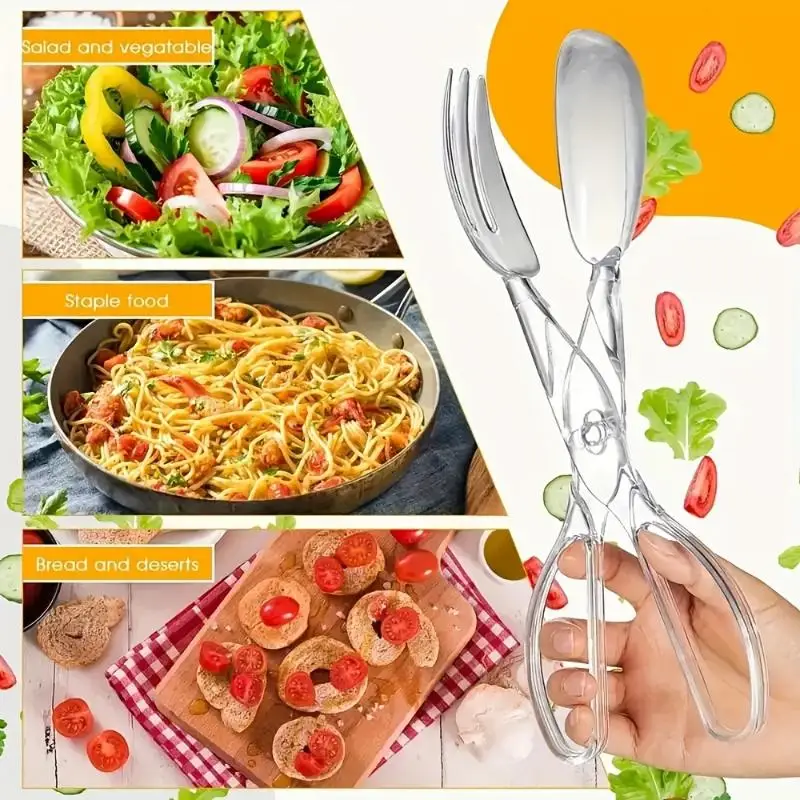 1pc Transparent Plastic Salad Scissors& Tongs- Reusable Food-Safe Kitchen Chefs, BBQ, Outdoor Cooking, Buffets& Party Catering