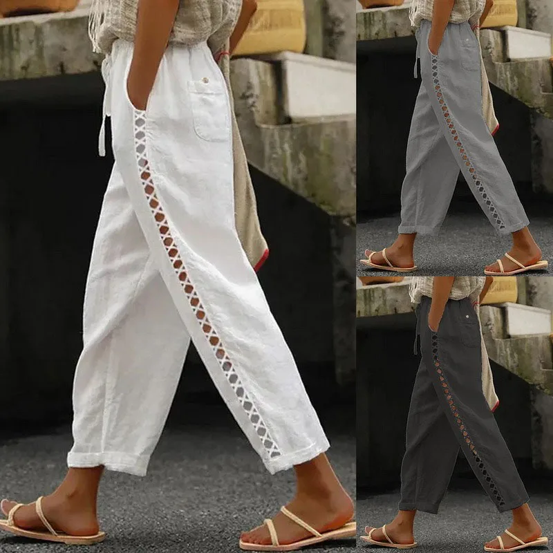 Summer Lace Stitching Hollow Casual Trousers Women Solid Loose Cotton Linen Harem Pants Woman Vintage Ankle-Length Wide Pants