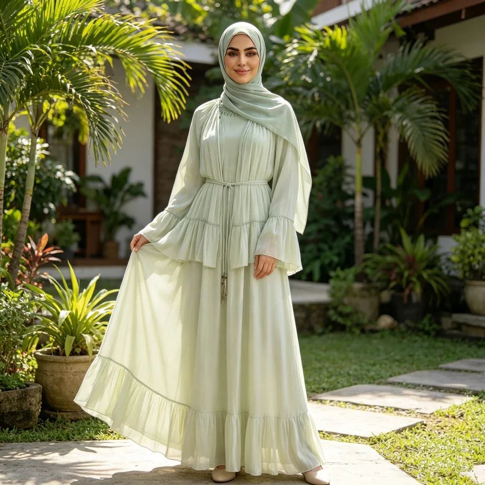 

Women Crepe Abaya Ruffle Cloak Shawl Kimono Dubai Turkey Kaftan Maxi Long Dress Traditional Jalabiya Kebaya Evening Robe Suit