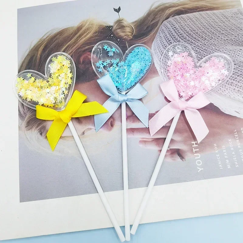 6pcs Heart Cake Topper Pink Blue Yellow Star Sequins Wedding Cupcake Topper Baby Shower Birthday Party Cake Decorating Supplies