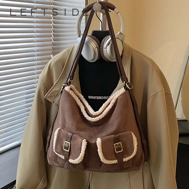 

LEFTSIDE Women Suede Shoulder Bag 2025 Underarm Bags Luxury Designer Trend Female Double Pockets Backpack Handbags and Purses