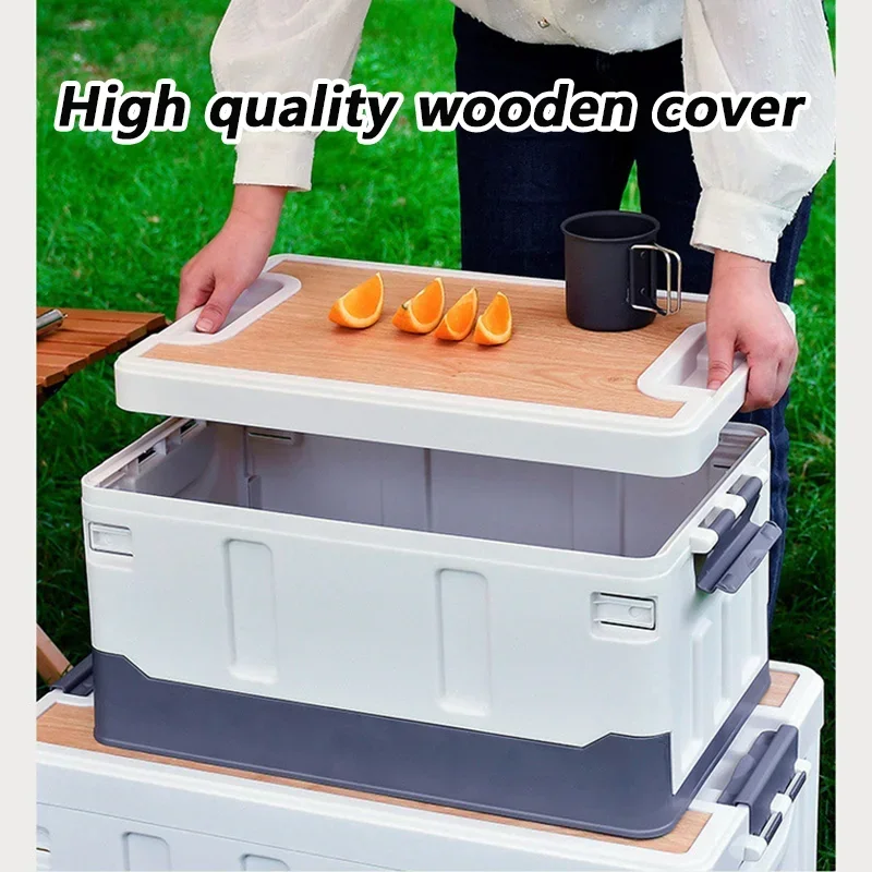 60L Portable Outdoor Camping Folding Box Large Capacity Thick Camping Car/Kitchen Storage Box  Wooden Cover