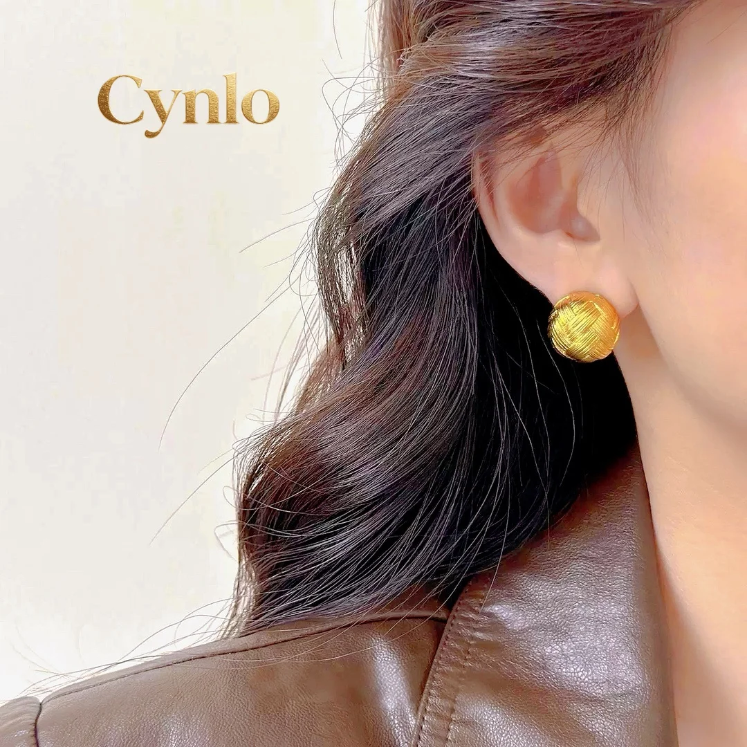 Cynlo Jewelry Woven Brushed Round Earrings Women's 24K Gold AU999 - Cute tiny round shape, vintage woven design, for afternoon t