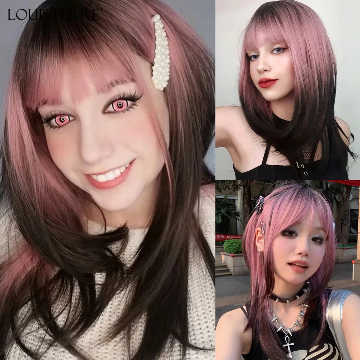 LOUIS FERRE Black Pink Ombre Synthetic Wigs Long Straight Layered Wigs with Bangs for Black Women Afro Heat Resistant Fake Hair