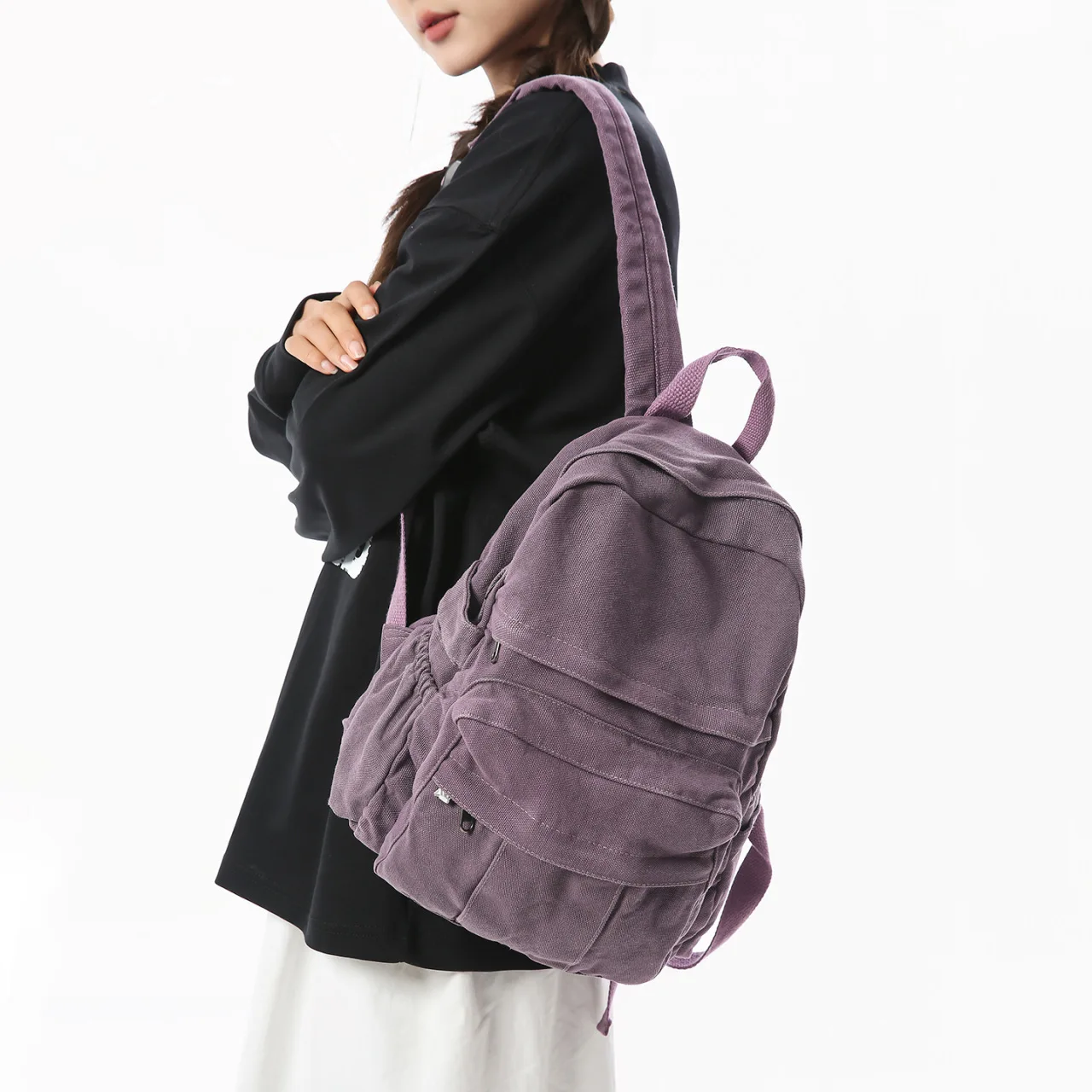 Large Capacity Washed Canvas Backpack for Women Vintage Style School Travel Daypack with Front Layered Pockets and Top Handle