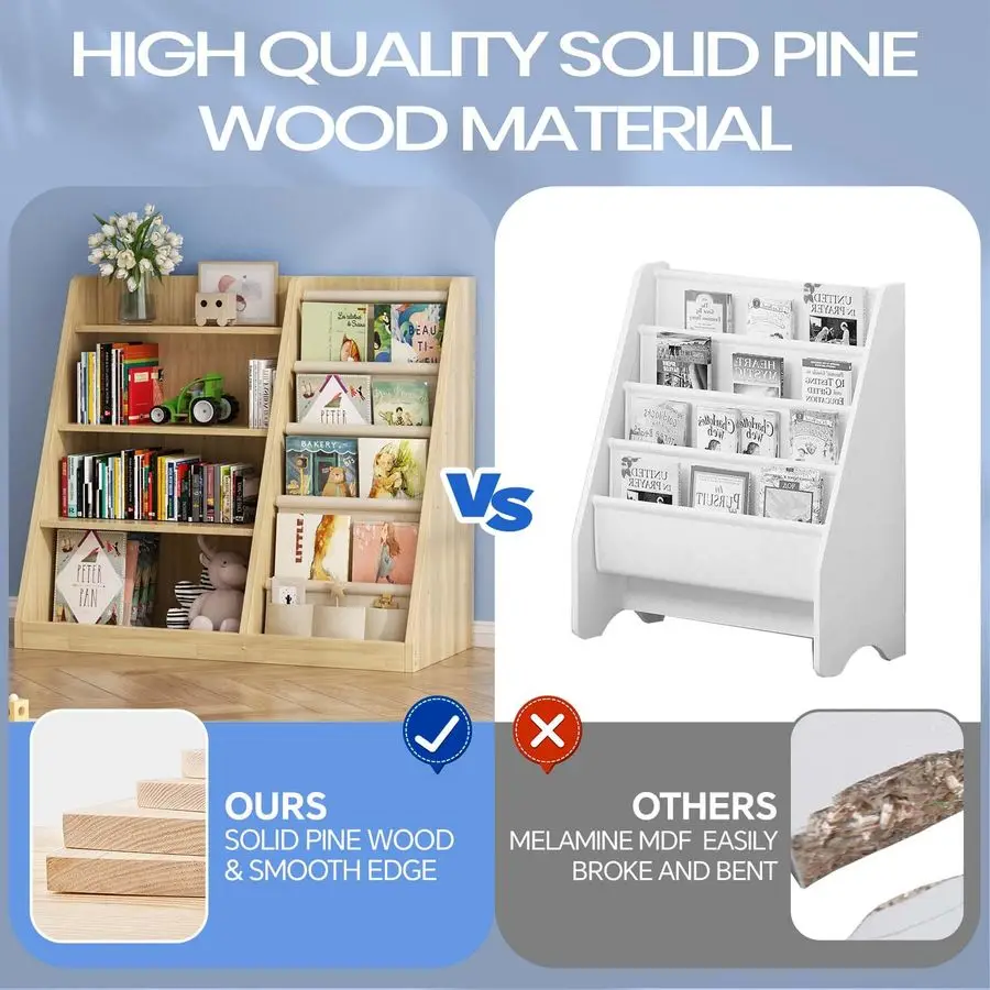 Bücherregal und Spielzeug-Aufbewahrungsorganisator, 4-stufiges Kinder-Bücherregal aus Holz mit Schlinge, Bücherregal im Kinderzimmer, Spielzimmer, Kinderzimmer,