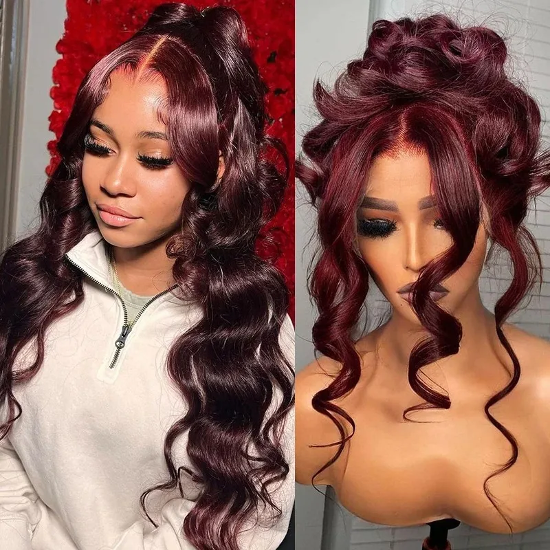 

99J Burgundy Red 13x4 HD Body Wave Lace Front Wig Glueless Preplucked Synthetic Heat Friendly Wear Cosplay On Clearance Sale