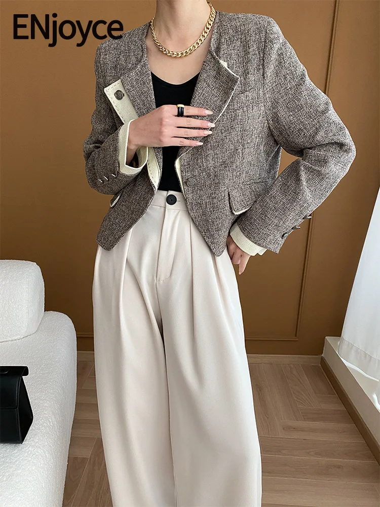 

Women Vintage Patchwork Wool Suit Blazers 2024 Autumn Korean Fashion Workwear Coat Office Ladies Elegant Casual Cropped Jacket