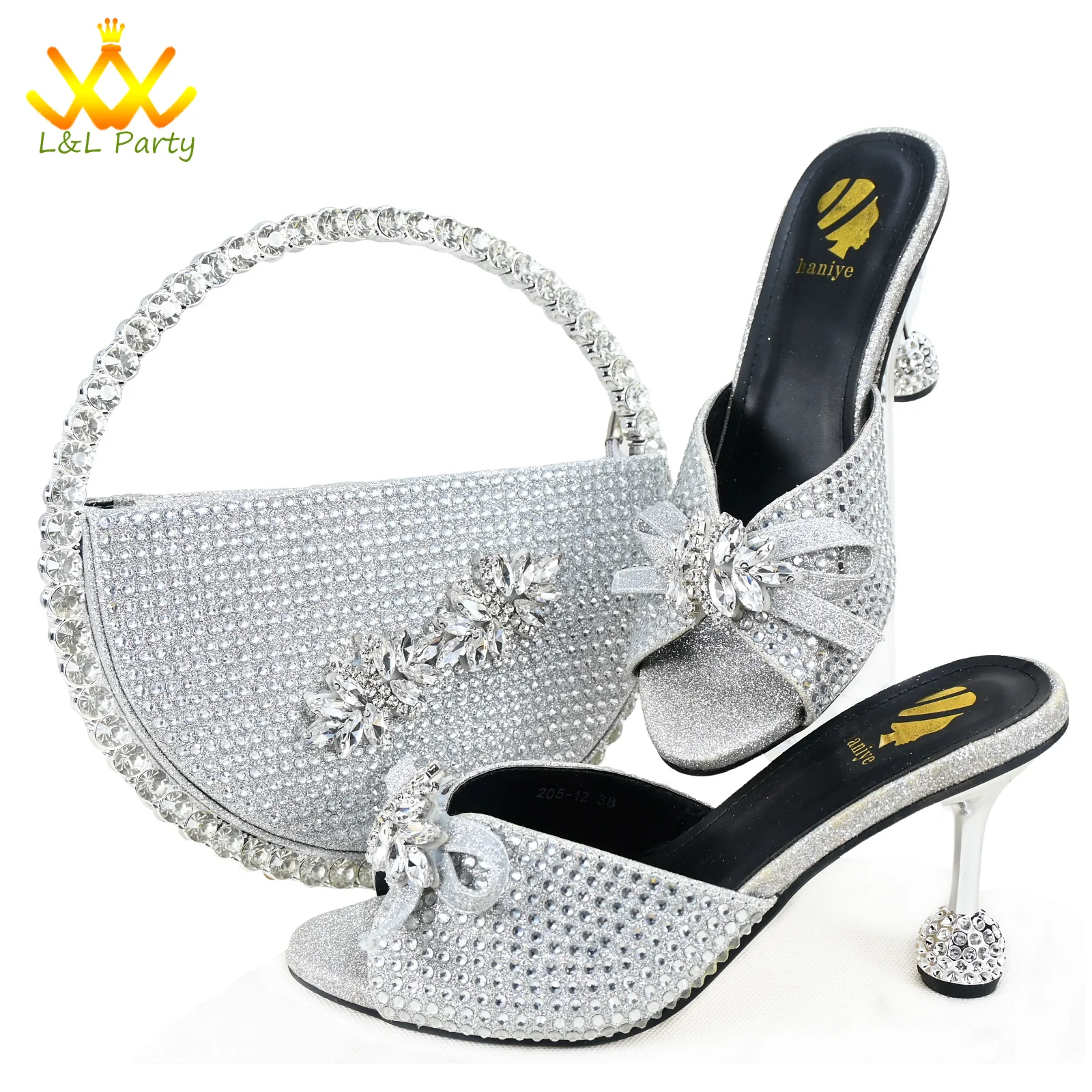 2025 Winter Newest Coming Fashion Nigerian Women Shoes and Bag Set in Silver Color Full Crystal Super High Heels for Wedding