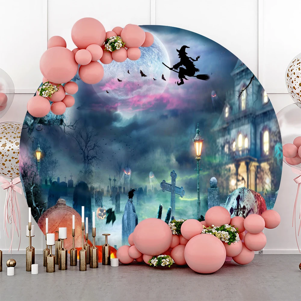 Happy Halloween Round Backdrop Cover Horror Moon Night Scary Grave Forest Castle Pumpkin Family Halloween Party Decor Background