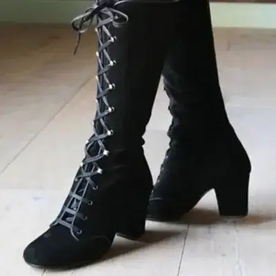 2024 Medieval Women's Casual Riding Boots Winter Lace Up Suede Long Tube Knight Boot Female High Heel Cowboy Shoes Mid-Calf Sexy