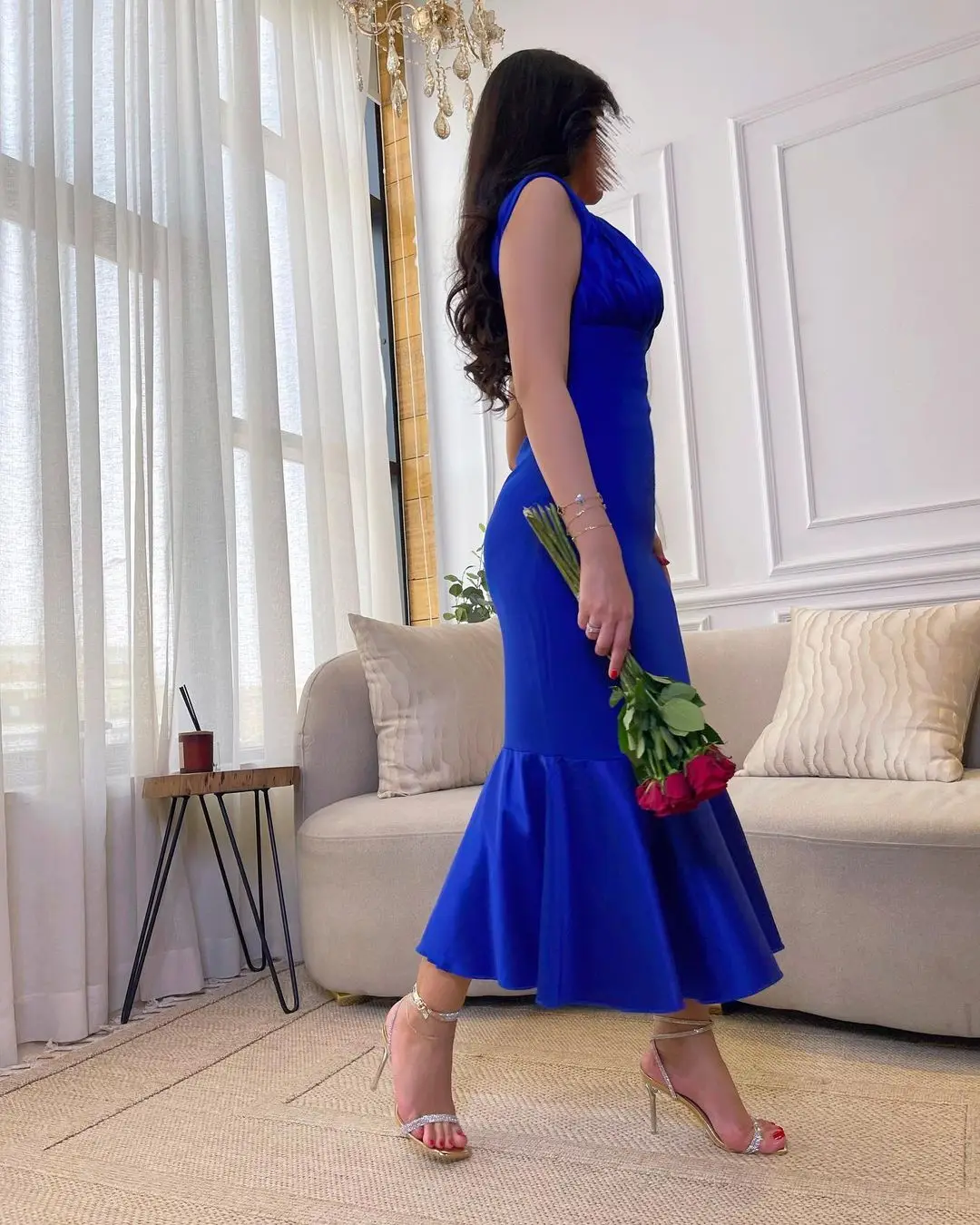 Customized Mermaid Evening Dresses Sleeveless V Neck Prom Dresses Royal Blue Pleated Backless Ankle Length Formal Party Dresses