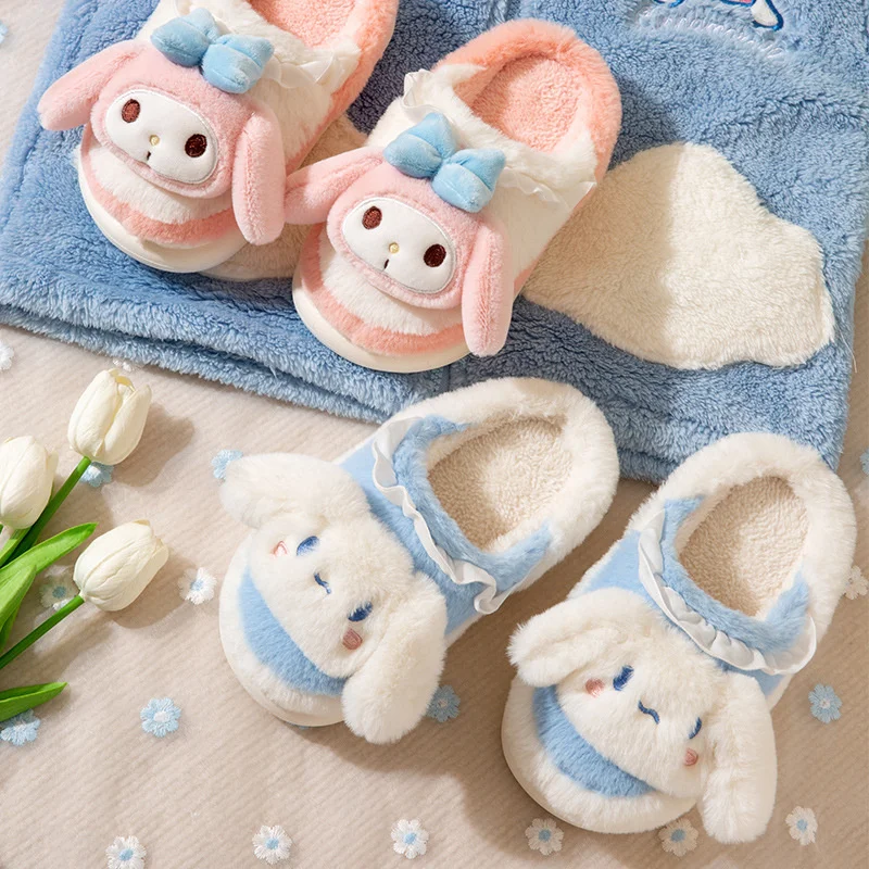 Sanrio Children Slippers Cinnamoroll Cotton Slippers Kuromi Non Slip Plush Slippers My Melody Winter Warm Junior Footwear Shoes