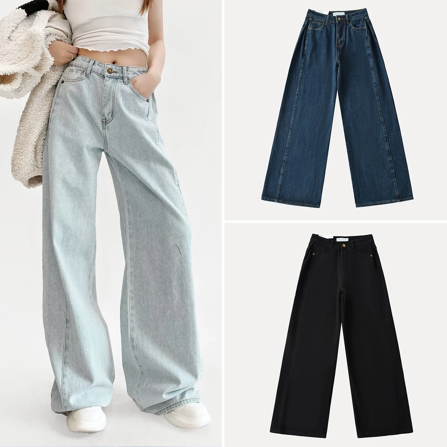 

High Waist Wide Leg Crop Denim Jeans Women's Sle Pleated Floor Length Trousers Autumn 2025 New Arrival Z Brand