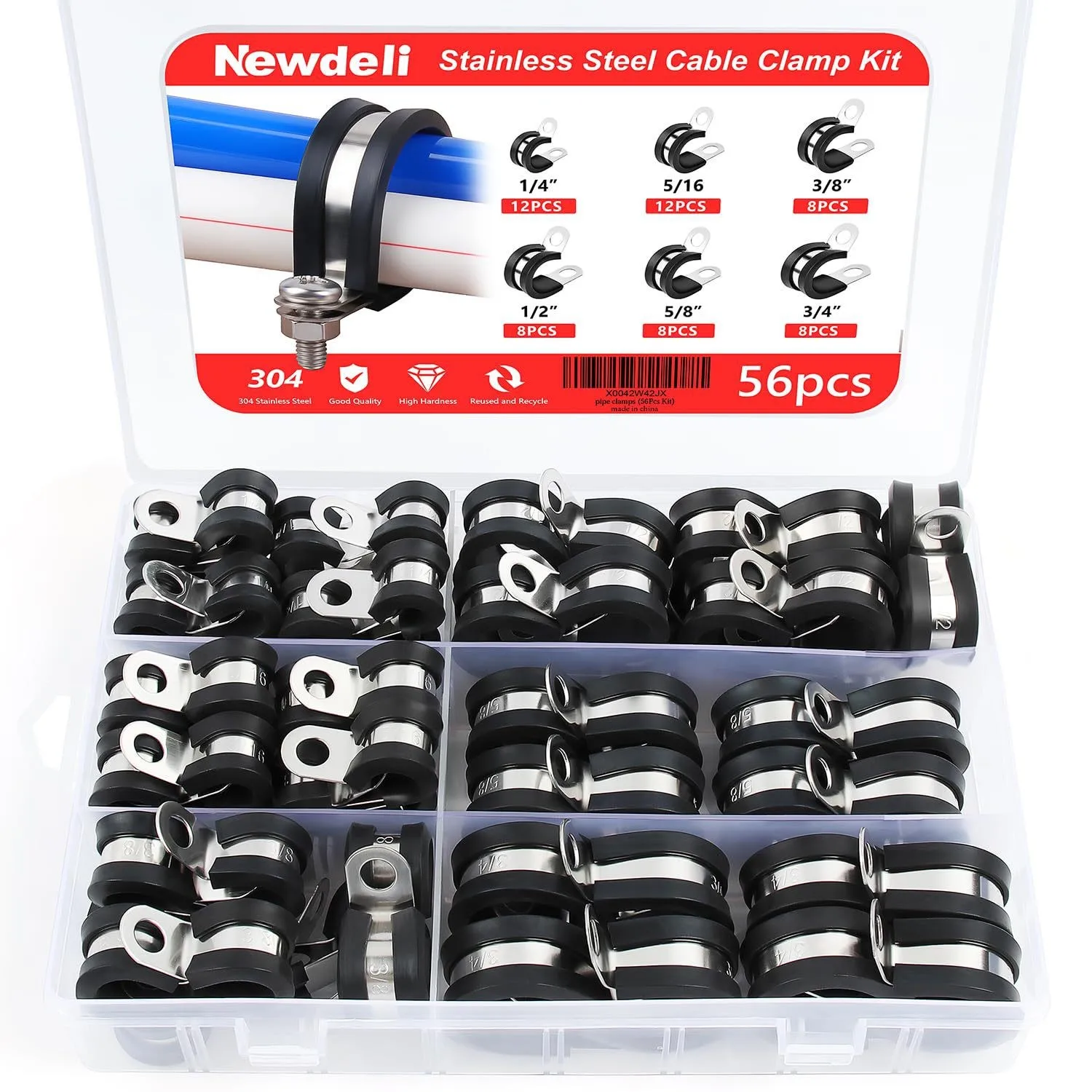 cable clamp assembly set featuring6different sizes of stainless steel cable clamps rubber cushioning, and flexible hose fittings